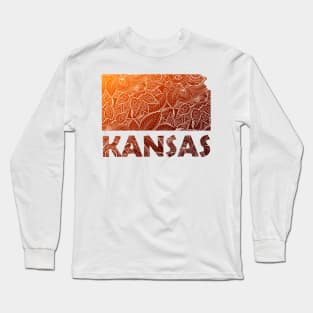 Colorful mandala art map of Kansas with text in brown and orange Long Sleeve T-Shirt